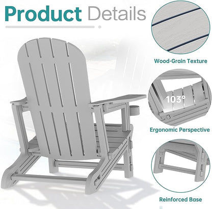 Shintenchi Adirondack Chairs Set of 2,HDPE Adirondack Chairs w/Removable Tablelop & Umbrella Hole,All-Weather Wooden Textured Plastic Outdoor Chairs w/Cup Holders for Garden Backyard Pool,Light Gray