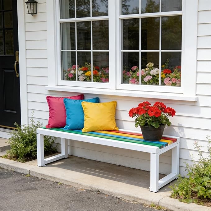 Outdoor Garden Bench, Metal Frame with Wood Patio Dining Bench, 3.3ft 3.9ft 4.9ft 5.9ft Weatherproof Park Front Porch Benches for Backyard Outside, Entryway Chair, Outdoor Furniture(White,3.93ft)