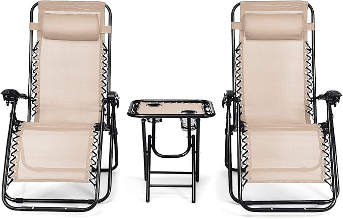 Tangkula 3 Pieces Outdoor Zero Gravity Chair Set, Folding Reclining Lounge Chair with Adjustable Backrest, Head Pillow, Matching Table with Cup Holder, Camping Recliner for Poolside, Yard (Beige)