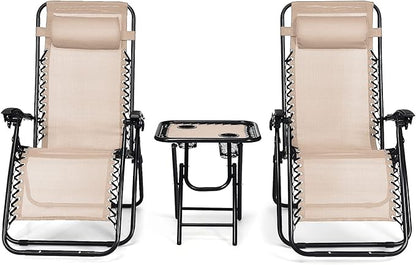 Tangkula 3 Pieces Outdoor Zero Gravity Chair Set, Folding Reclining Lounge Chair with Adjustable Backrest, Head Pillow, Matching Table with Cup Holder, Camping Recliner for Poolside, Yard (Beige)