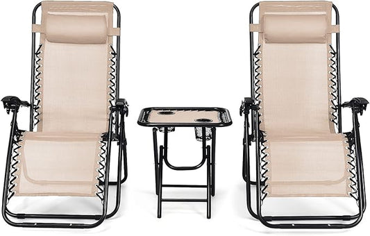 Tangkula 3 Pieces Outdoor Zero Gravity Chair Set, Folding Reclining Lounge Chair with Adjustable Backrest, Head Pillow, Matching Table with Cup Holder, Camping Recliner for Poolside, Yard (Beige)