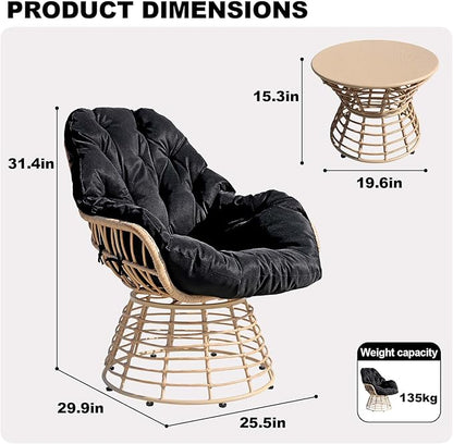 Swivel Chairs for Outside Patio Set of 3, 360° Swivel Pe Wicker Luxury Lounger Chair with 20" Side Table, Soft Cushion and Durable Frame, for Apartment Balcony, Patio, Porch, Yard (Black)