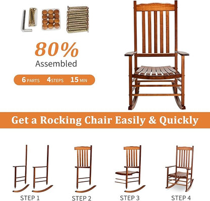 Outvita Outdoor Rocking Chair, Solid Wood High Back Rocker, All Weather Lounge Chair for Porch Patio Fire Pit Garden Backyard Deck Indoor, Wave Shape, Natural