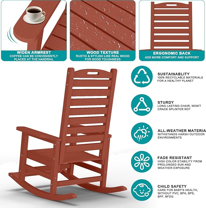 PLUUV Outdoor Rocking Chair Set of 2 with Removable Footboard for Adults, HDPE High Back Patio Rocking Chairs, 330lbs All Weather Porch Rocking Chairs for Outdoor & Indoor -Reddish Brown