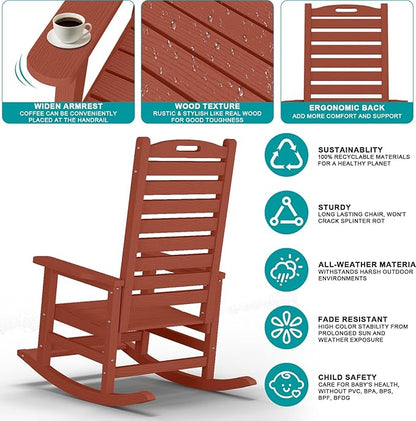 PLUUV Outdoor Rocking Chair Set of 2 with Removable Footboard for Adults, HDPE High Back Patio Rocking Chairs, 330lbs All Weather Porch Rocking Chairs for Outdoor & Indoor -Reddish Brown