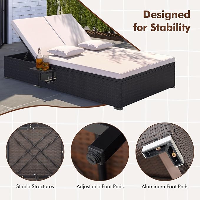 RELAX4LIFE Rattan Outdoor Patio Daybed - Wicker Double Chaise Lounge Chair w/6-Position Backrest, 2 Folding Side Trays - Photo 8