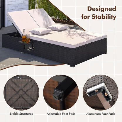 RELAX4LIFE Rattan Outdoor Patio Daybed - Wicker Double Chaise Lounge Chair w/6-Position Backrest, 2 Folding Side Trays, Cushions, Recliner Loveseat Sunbed for Backyard Pool, 2-Seater Patio Bed Lounger