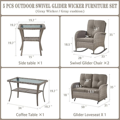 Belord 5 Piece Outdoor Conversation Patio Furniture Set - All-Weather Wicker Patio Rocking Chairs with Loveseat Glider Chair and Coffee Table for Patio Deck Porch Backyard Gray Wicker Gray Cushion