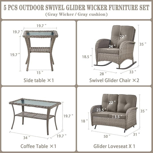 Belord 5 Piece Outdoor Conversation Patio Furniture Set - All-Weather Wicker Patio Rocking Chairs with Loveseat Glider Chair and Coffee Table for Patio Deck Porch Backyard Gray Wicker Gray Cushion