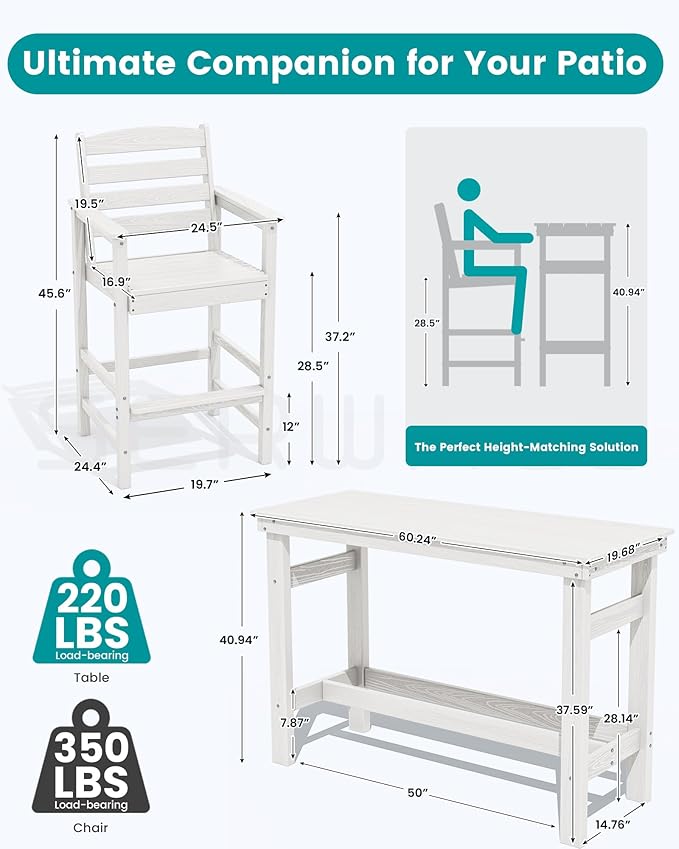 SERWALL Outdoor Bar Set with 9ft Umbrella, All-Weather HDPE Patio Bar Chairs and Table, Outdoor Furniture Set, White (Umbreall Base not Included)
