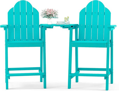 LUE BONA Tall Adirondack Chair Set of 2, All Weather HDPS Bar Height Adirondack Chair with Detachable Table & Umbrella Hole, Adirondack Barstools for Patio, Deck, Backyard & Commercial Use Aruba Blue