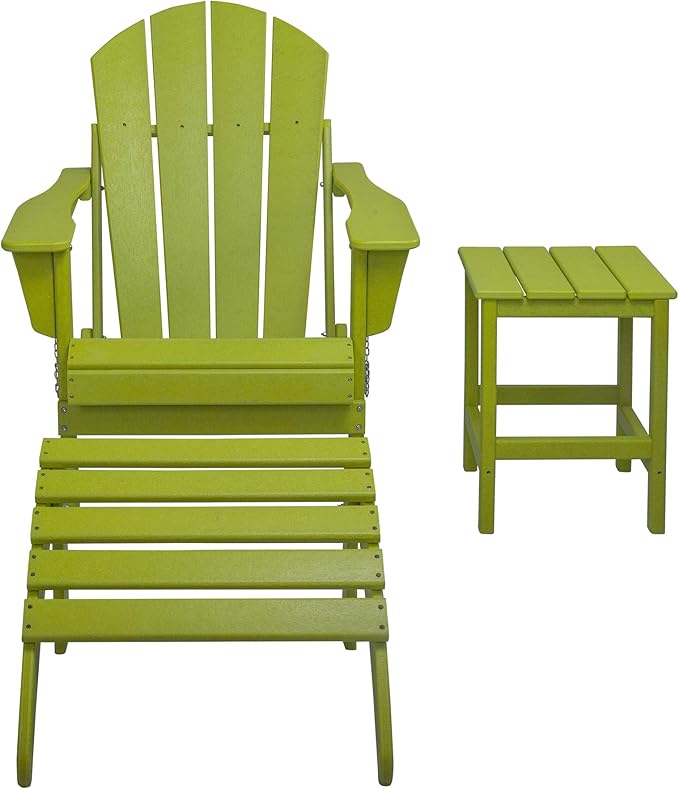 WestinTrends Malibu Outdoor Lounge Chairs, 3-Pieces Adirondack Chair Set with Ottoman and Side Table, All Weather Poly Lumber Patio Lawn Folding Chair for Outside Pool Garden Backyard, Lime