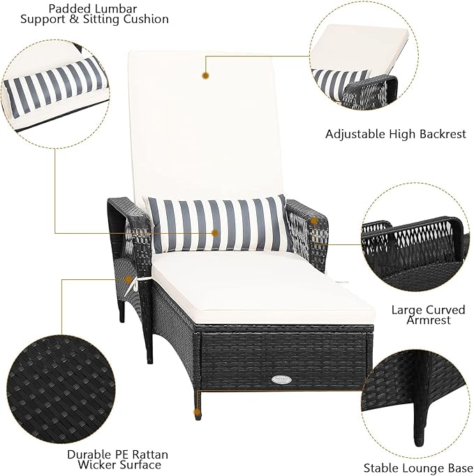 HAPPYGRILL Patio Chaise Lounge Chair Set of 2, Outdoor Rattan Wicker Recliner with Thick Cushion, Lumbar Pillow, Adjustable Backrest for Garden Porch Lawn Poolside