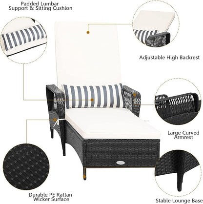HAPPYGRILL Patio Chaise Lounge Chair Set of 2, Outdoor Rattan Wicker Recliner with Thick Cushion, Lumbar Pillow, Adjustable Backrest for Garden Porch Lawn Poolside