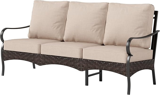 PHI VILLA Wicker & Metal Outdoor Patio Couch, 3-Seat Patio Sofa with Deep Seating for Front Porch, Deck, Balcony - Photo 8