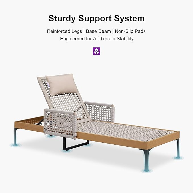 PURPLE LEAF 4 Pieces Outdoor Chaise Lounge Set Rattan Wicker Lounger with Arms Poolside Furniture Adjustable Recliners Patio Lounge Chairs for Beach Yard Garden Balcony,Teak