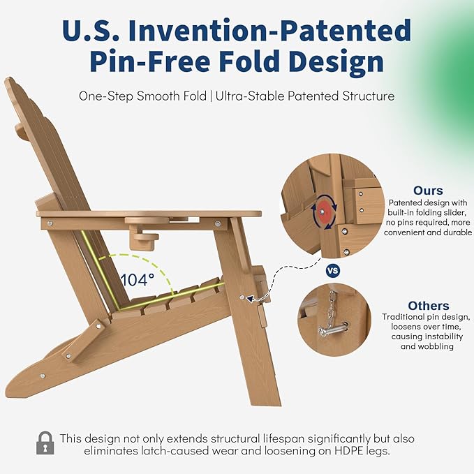 Plawdlik Folding Adirondack Chair Set of 4-with Two Cup Holder, Widened Heavy All-Weather HDPE, SGS Tested - Photo 6