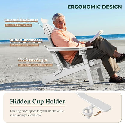BRIOPAWS Folding-Adirondack-Chairs Set of 4 | HDPE Plastic | Fire Pit Chair | Cup Holder | Curved Back | All Weather | for Outdoor Backyard Deck Patio | White