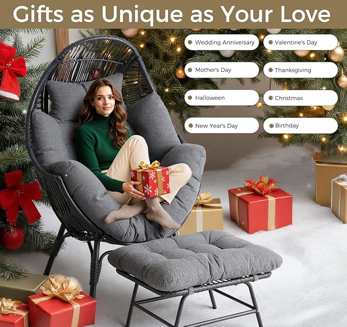 IRONCK Wicker Outdoor Egg Chair with Ottoman, Patio Lounge Chair with Footrest, Thickened Padded Cushion and Headrest - Photo 8