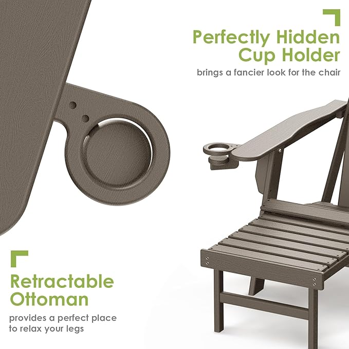 GREENVINES Adirondack-Chairs-with-Ottoman | Set of 4 | Wood Grain | Folding | Retractable-Footrest | HDPE Plastic - Photo 4