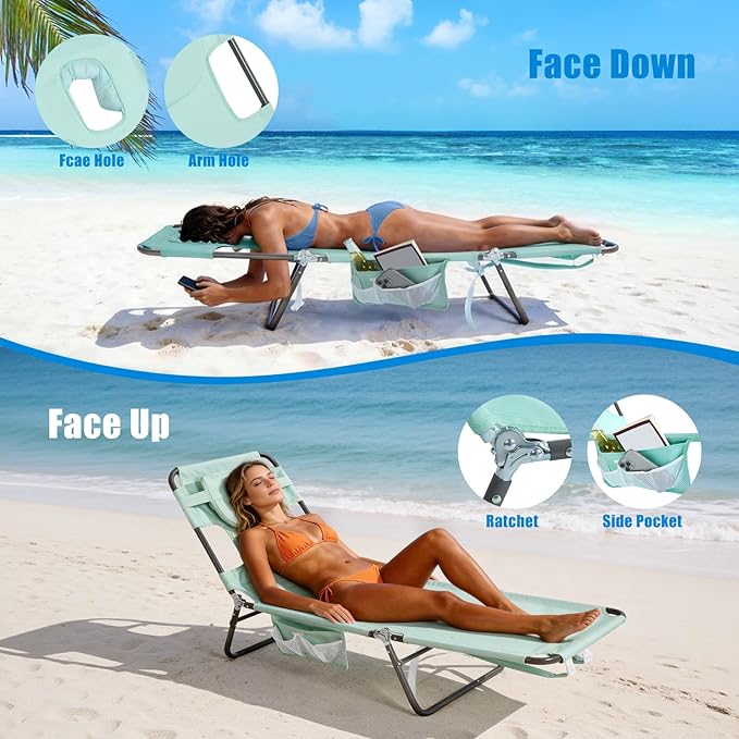 SUNNYFEEL Beach Lounge Chair, Backpack Reclining Beach Chairs Lay Flat, Sun Face Down Tanning Chair, Folding Camping Chairs Portable Camp Cot with Backpack Straps for Outdoor/Picnic/Lawn