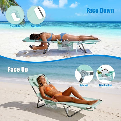 SUNNYFEEL Beach Lounge Chair, Backpack Reclining Beach Chairs Lay Flat, Sun Face Down Tanning Chair, Folding Camping Chairs Portable Camp Cot with Backpack Straps for Outdoor/Picnic/Lawn