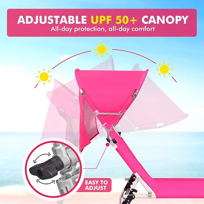 Oversized Extra Wide Tanning Chair with Sun Canopy Face Hole Padded Adjustable Washable, Heavy Duty Layout Folding Lounge Chair for Outside Beach Reading Sunbathing, UPF 50+, XL, Pink, 330 LBS
