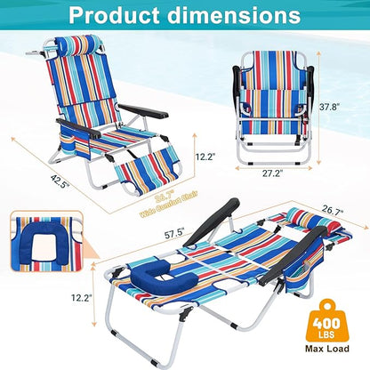 MOPHOTO Oversized Beach Lounge Chair, 5-Position Adjustable Tanning Chair with Face Hole, Heavy Duty Folding Chaise Lounge for Beach, Pool, Patio & Sunbathing