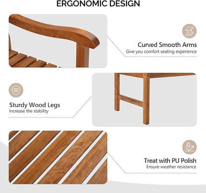 VINGLI 50" Outdoor Wood Bench, Weatehr Resistant Wooden Garden Patio Bench with Comfortable Backrest & Curved Armrest, 800lb Capacity Loveseat for Front Porch Park Yard Deck (Natural, Dense Slatted)