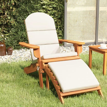 Adirondack Patio Chair with Footrest Solid Wood Acacia Outdoor Lounge Chair Foldable Design Cream White Cushions for Backyard Poolside Beach and Garden Relaxation