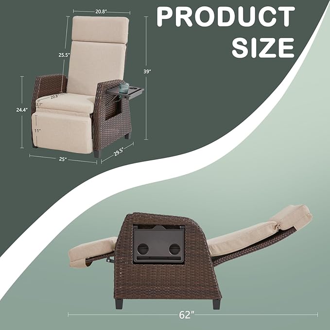 Outdoor Patio Recliner Chair, Outdoor Recliner with Side Table & Adjustable Backrest up to 180¡ã Flat, Rattan Reclining Chair, Wicker Reclining Lounge Chair for Balcony, Porch, Beige