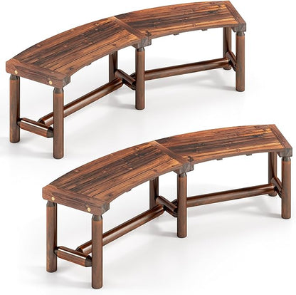 Tangkula Patio Curved Bench Set of 2, Solid Wood Fire Pit Bench for 2-3 People, Outdoor Backless Loveseat for Backyard, Garden, Poolside, 800 LBS Max Load (Rustic Brown)