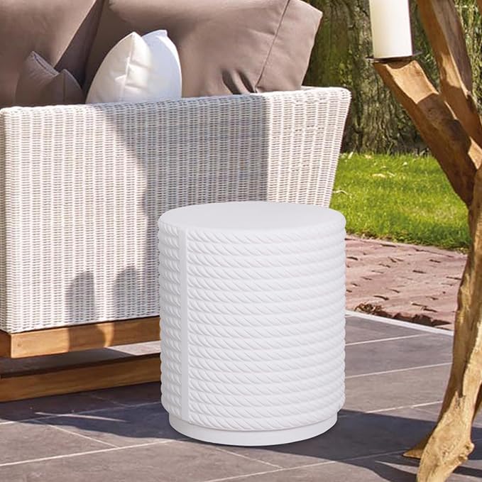 Afterglow Terrafab Material Outdoor Round Side Table, Natural Decorative Garden Stools, Round Woven Texture Accent Table, Stool, Unique End Table for Living Room Bedroom Patio Home Decor, White