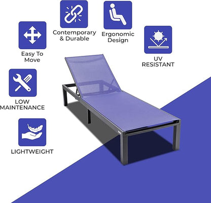LeisureMod Marlin Aluminum Outdoor Chaise Lounge Chair - Mesh Sling Fabric Seat Black Aluminum Frame Beach, Pool Lounge Chair for Modern Patio Lawn, Garden and Backyard (Navy Blue)