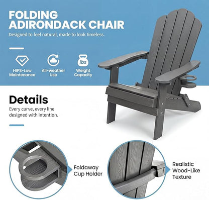 JEKO&JEKO Folding Adirondack Chair, All-Weather Outdoor Chair with Cup Holder, Plastic Adirondack Chair for Patio, Garden, Lawn, Porch, Deck, Backyard – Gray
