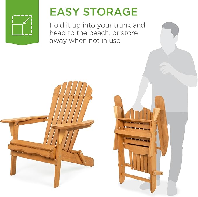 Best Choice Products Folding Adirondack Chair Outdoor Wooden Accent Furniture Fire Pit Lounge Chairs for Yard, Garden, Patio w/ 350lb Weight Capacity - Natural
