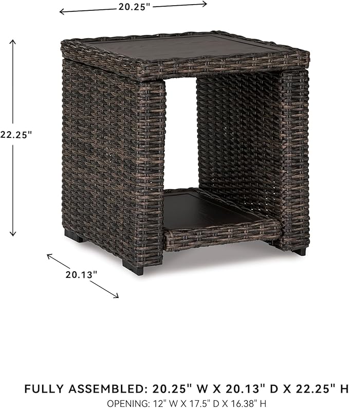 Signature Design by Ashley Grasson Lane Outdoor Rattan Square End Table with Storage, All-Weather Resin Wicker Handwoven Over Durable Aluminum Frame, Aluminum Tabletop and Shelf, 22.25" High, Brown