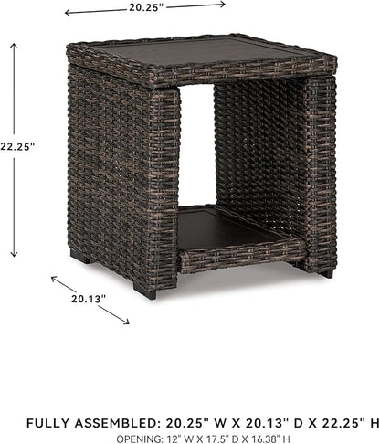 Signature Design by Ashley Grasson Lane Outdoor Rattan Square End Table with Storage, All-Weather Resin Wicker Handwoven Over Durable Aluminum Frame, Aluminum Tabletop and Shelf, 22.25" High, Brown