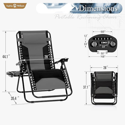 Sophia & William Oversized XL Zero Gravity Recliner Chair Set of 2 Padded, Folding Reclining Lounge Chair with Wide Armrest and Cup Holder, Support 400 LBS, Black