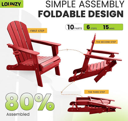 LOUNZY Folding Adirondack Chair Set of 2, Dark Red