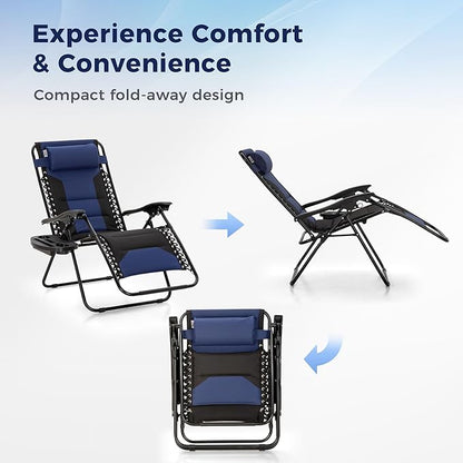 MAISON ARTS Oversized Zero Gravity Chairs Set of 2, Folding Padded Recliner Anti Gravity Lounge Chair with 28" Wide Seat and Cup Holder, Support 400lbs, Blue & Black