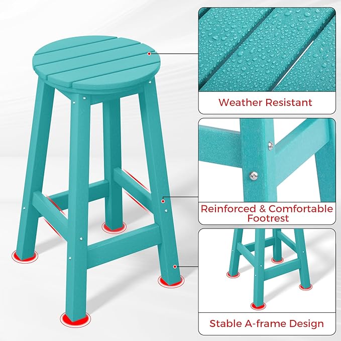 Costaelm 24" Height Outdoor Bar Stools, All-Weather Bar Stools, Adirondack Poly Patio Round Bar Stool for Patio, Deck, Kitchen Counter and Garden, Turquoise