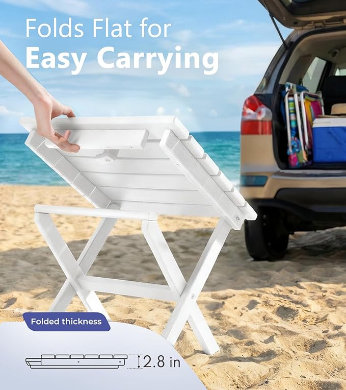 PASAMIC Folding Outdoor Side Table, Small Outdoor Table, Portable, No Assembly, Weather-Resistant HDPE End Table for Camping, RV, Poolside, Garden (White)
