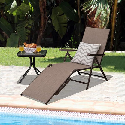 Tangkula Folding Lounge Chair Outdoor, Recliner Chaise Lounge with 5-Position Adjustable Backrest & 2-Position Footrest, No Assembly Required, Suitable for Patio Poolside Beach Yard (1, Brown)