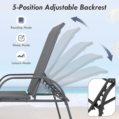 COSTWAY Outdoor Lounge Chairs Set of 2, Patio Chaise Lounge Recliner with Heavy Duty Steel Frame, 5-Position Adjustable Backrest for Deck, Beach, Pool (2, Dark Grey)