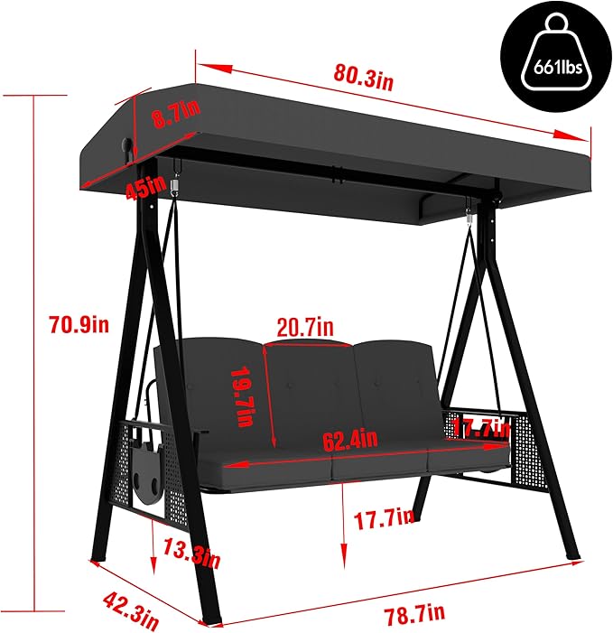 MUPATER Patio Porch Swing Chair, 3-Seat Outdoor Canopy Swing Glider with Stand and Cushion,Patio 2-in-1 Swing Chair for Outside, Backyard and Deck, Grey