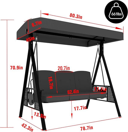 MUPATER Patio Porch Swing Chair, 3-Seat Outdoor Canopy Swing Glider with Stand and Cushion,Patio 2-in-1 Swing Chair for Outside, Backyard and Deck, Grey