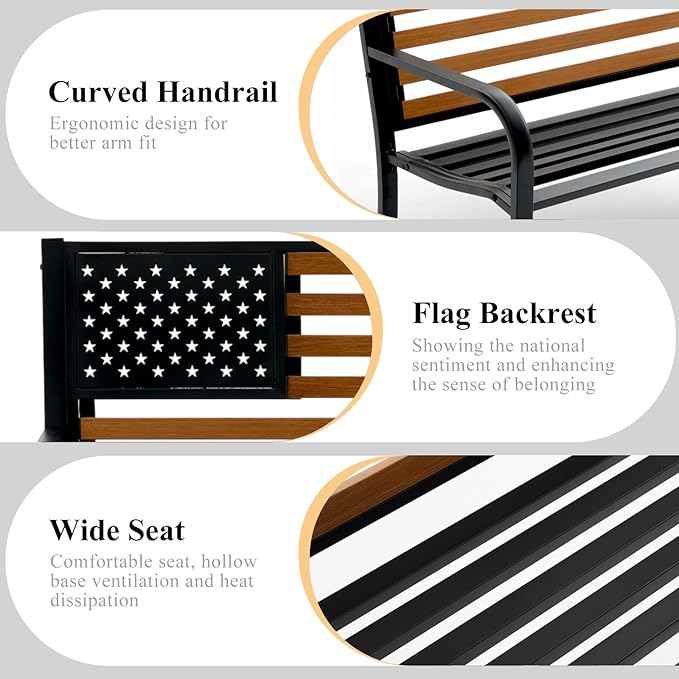 45.7 Inch American Flag Outdoor Bench - Patriotic Stars and Stripes Garden Bench with Heavy Duty Cast Iron Frame & - Photo 4