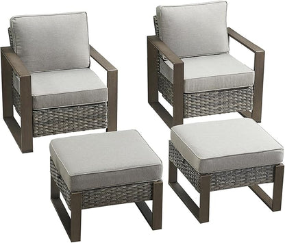 Rilyson Outdoor Wicker Patio Furniture Set - 4 Piece Patio Conversation Set with 2 Wicker Armrest Chairs,2 Rattan Ottoman, Sturdy Frame, Thick Cushions, Deep Seating(Mixed Grey/Grey)