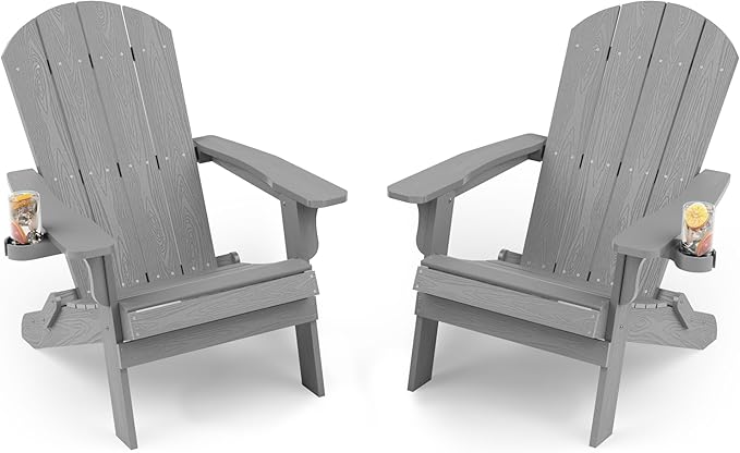 YEFU Adirondack Chair Set of 2, Folding Oversized Plastic Adirondack Chair with Cup Holder, Lawn Chair with Weather Resistant for Outdoor Deck Garden, Weight Capacity Up to 400 Lbs–Grey